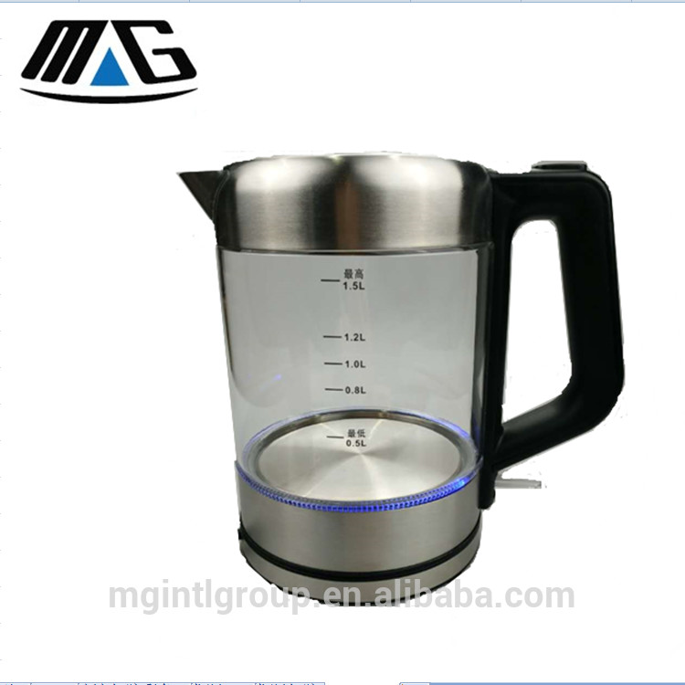 1.5L Blue LED lighting Clear Glass Electric Glass Tea Kettle Stainless Steel with One Touch Button